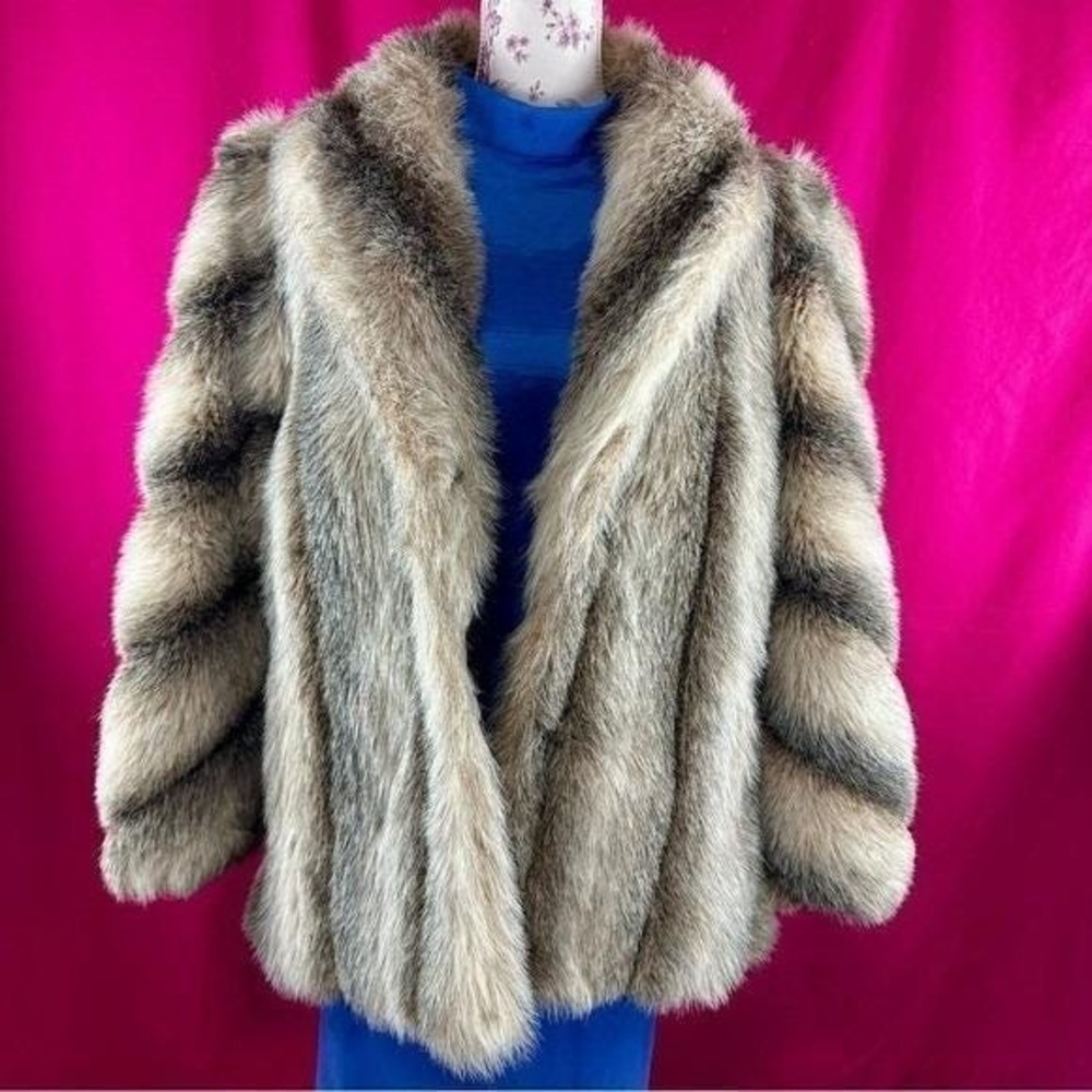 Vintage Faux Fur Striped Coat Brown Short Large Mob Wife Glam Luxury Chic - Picture 14 of 17